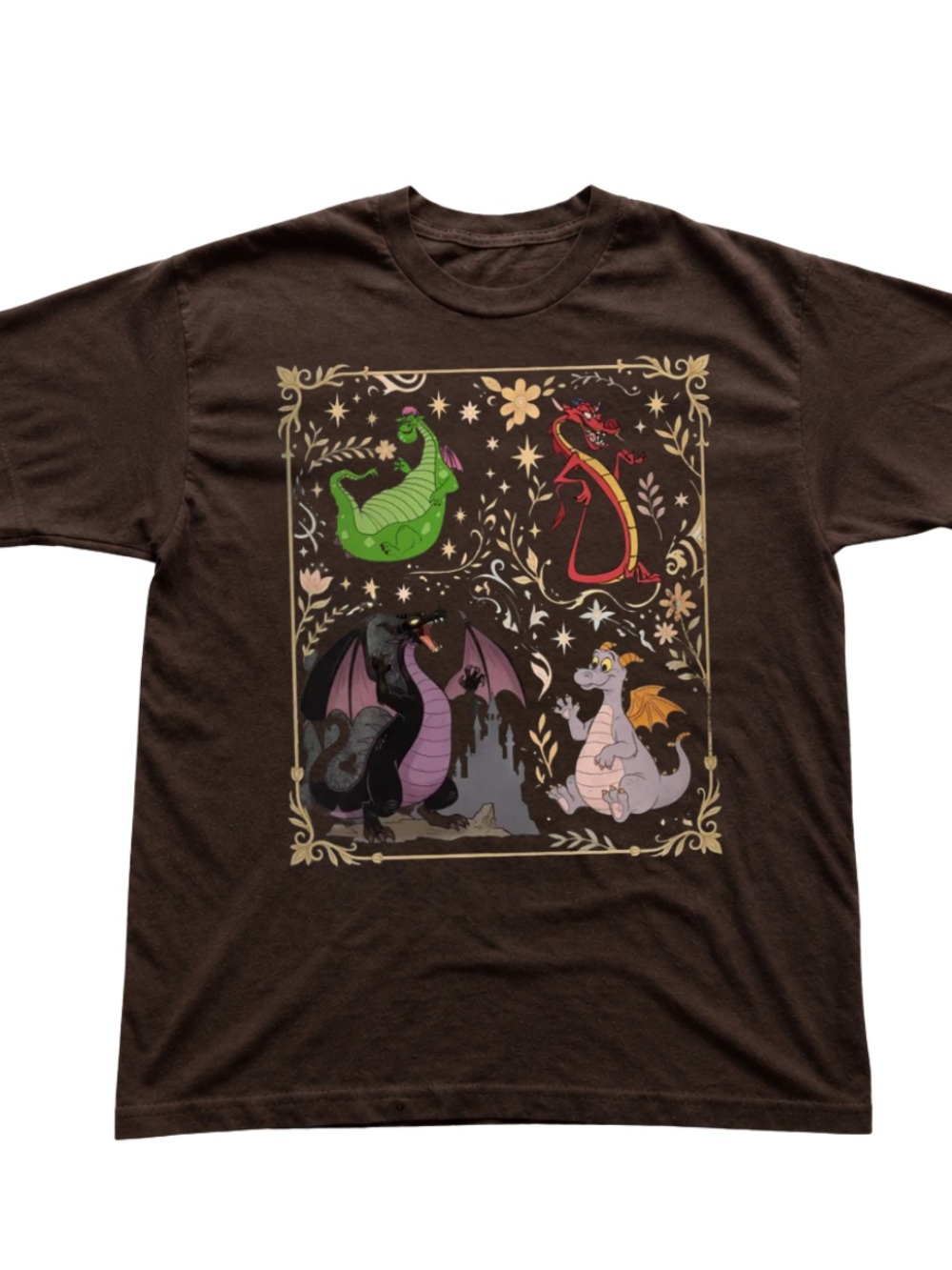 Dark Chocolate Tee with Colorful Dragon Panel Print